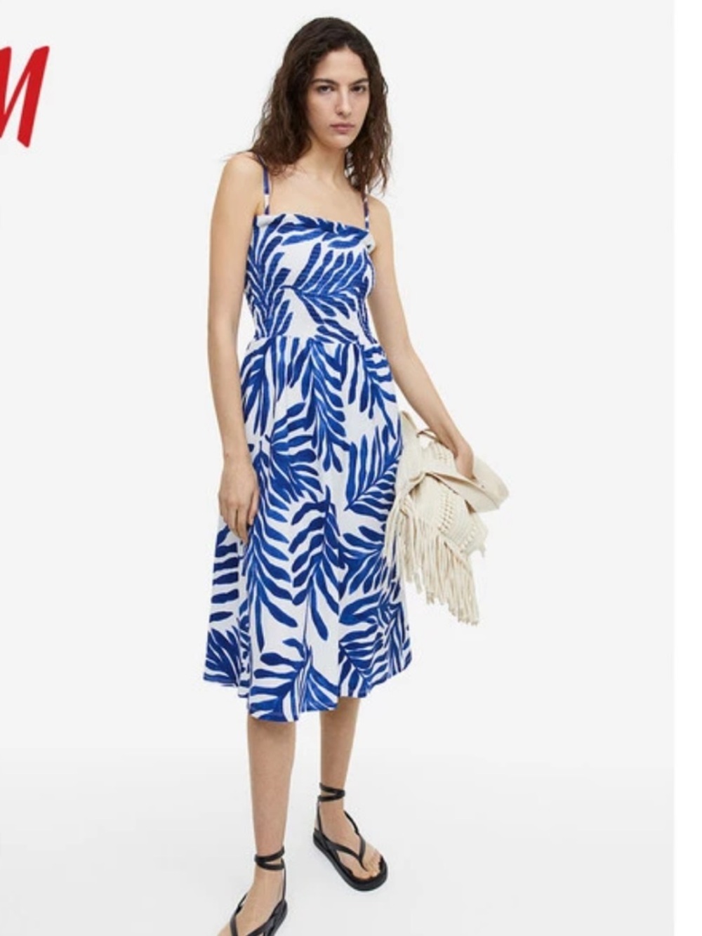 H&M SMOCK-TOPPED DRESS White and Blue Pattern - Picture 1 of 6